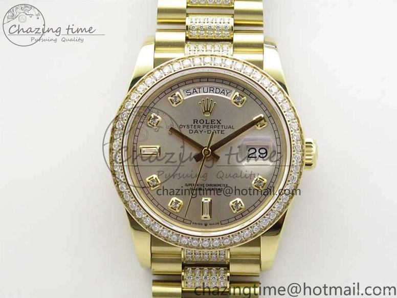 0212 DailyWear Day-Date 36mm 128235 YG Crystal BP Best Edition Silver Crystal Marker Dial on YG President Bracelet A 2676